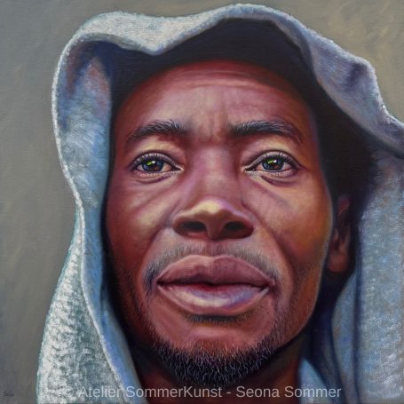 Ölporträt: Ein junger Tansanier, schaut aus dem Bild heraus, wie über die eigene Schulter hinweg zu einem fernen Punkt. 