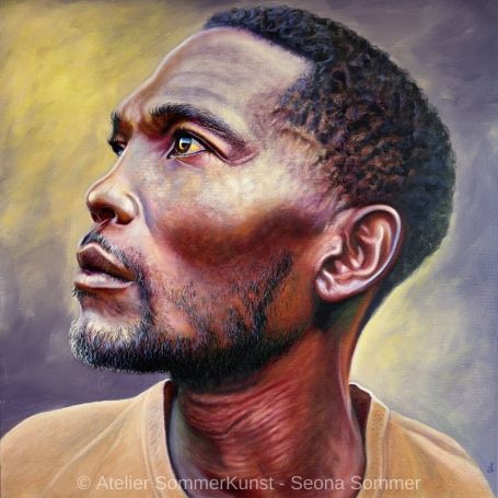 Ölporträt: Ein junger Tansanier blickt zum linken oberen Bildrand.