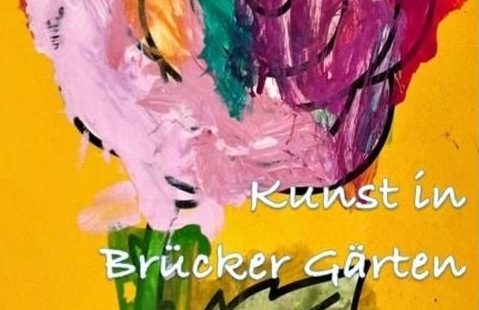 Bunte Blumenzeichnung mit Text "Kunst in Brücker Gärten" darauf.