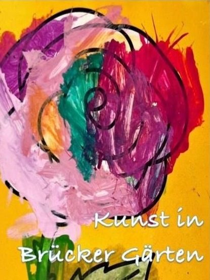 Bunte Blumenzeichnung mit Text "Kunst in Brücker Gärten" darauf.
