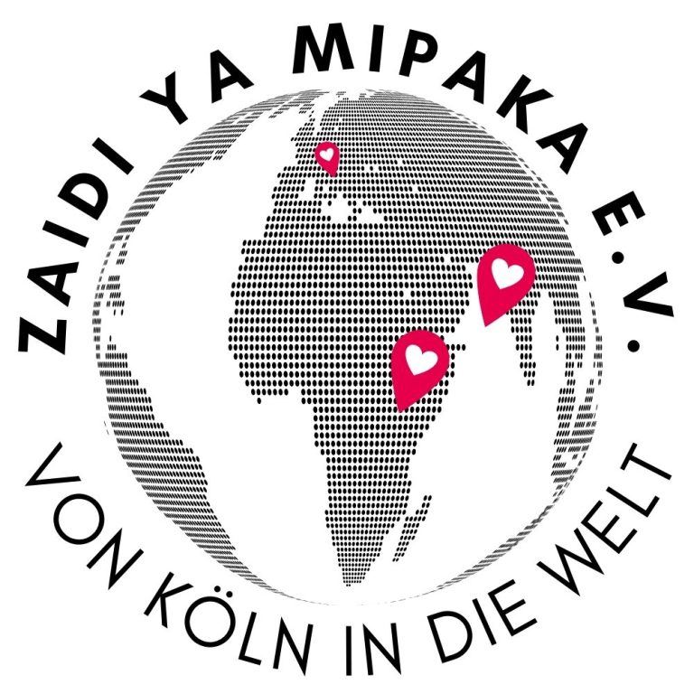 Logo von Zaidi ya mipaka e.V. mit Weltkugel und Herz-Symbolen über Köln, Tansania und Indien.