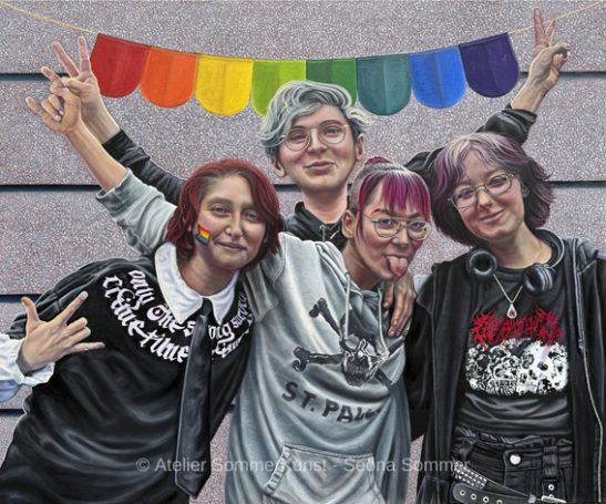 Ölporträt: Vier junge Menschen in schwarzweiß gekleidet und mit teils roten Haaren strahlen eine eine große Power und Lebensfreude aus.